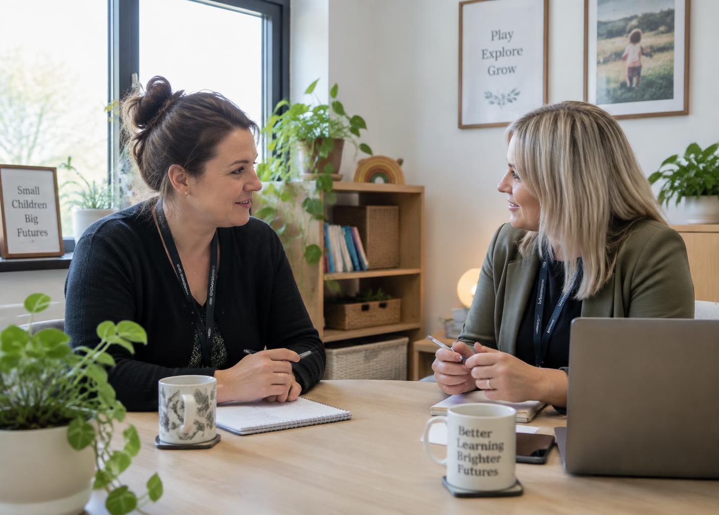 A nursery manager in conversation with an education partner