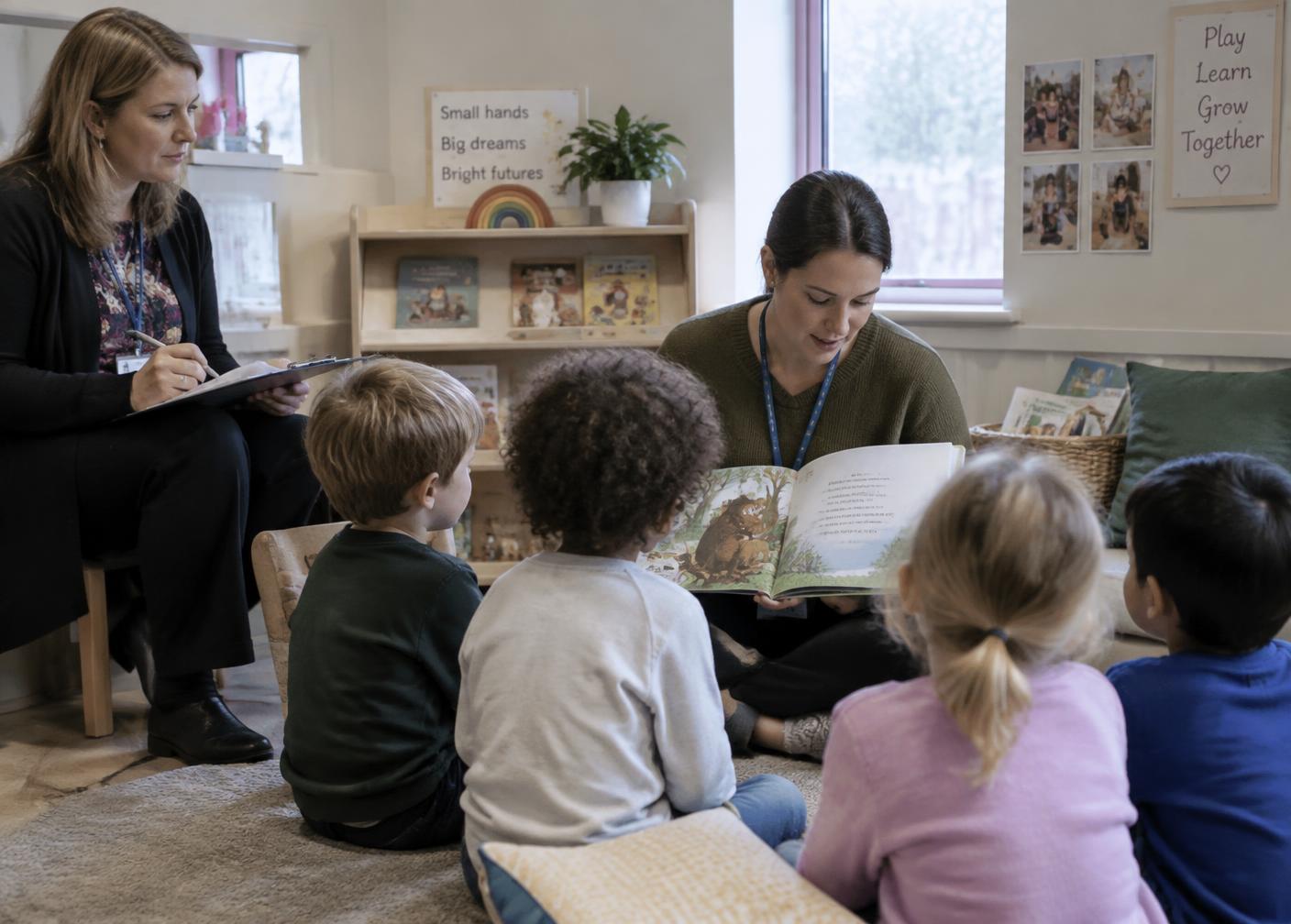 An assessor observing an Early Years practitioner reading to a group of children